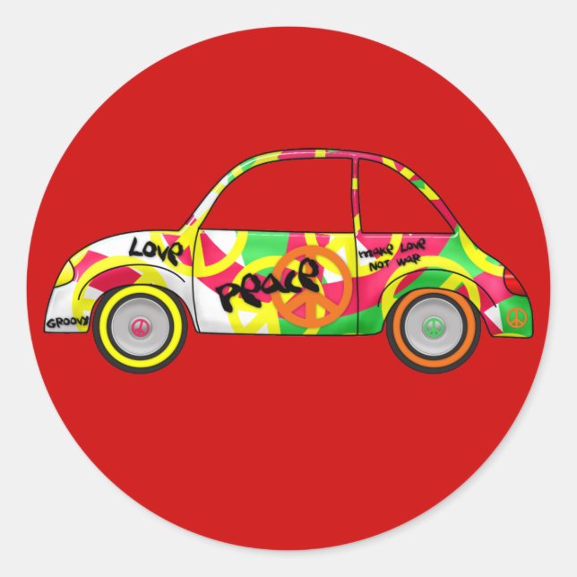 Redonda Pegatina Retro Love Peace Retro Coche de los años  (Anverso)