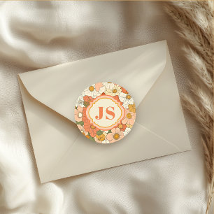 Redonda Pegatina Retro Naranja Groove Floral Round