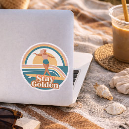 Redonda Pegatina Retro Surf Mantente Dorado Costa Boho Pla