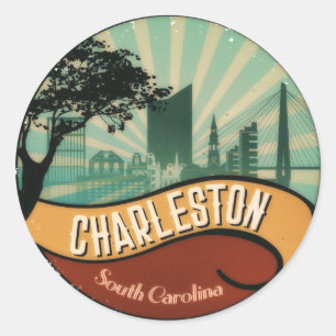 Redonda Pegatina retro vintage de Charleston City Skyline