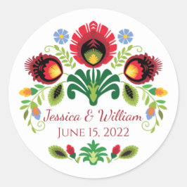 Redonda Pegatina Rojo de Flores Folclóricas Polacas