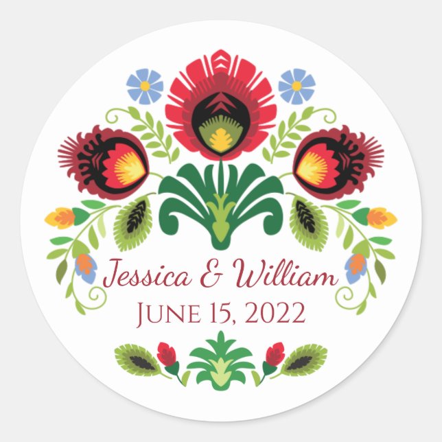 Redonda Pegatina Rojo de Flores Folclóricas Polacas (Anverso)