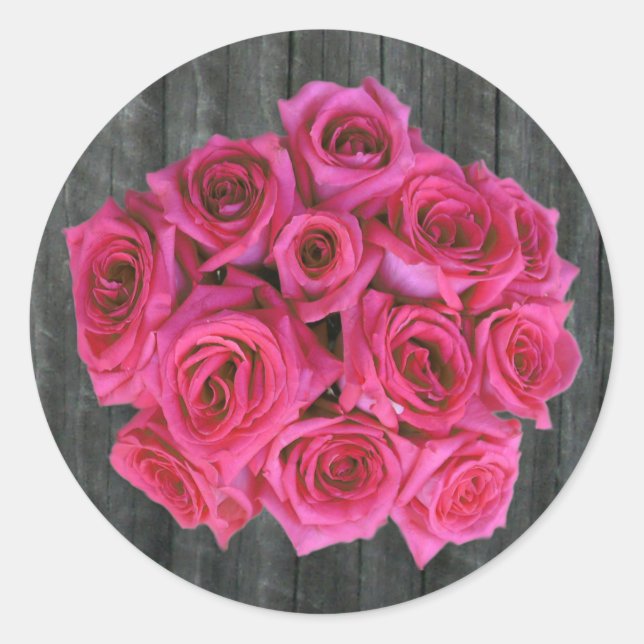 Redonda Pegatina Rosa Caliente Bouquet & Barnwood (Anverso)