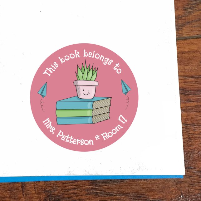 Redonda Pegatina rosa de biblioteca de aula editable con g (Custom classroom library pink round sticker .)