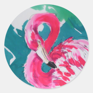 Redonda Pegatina rosa Flamingo caliente