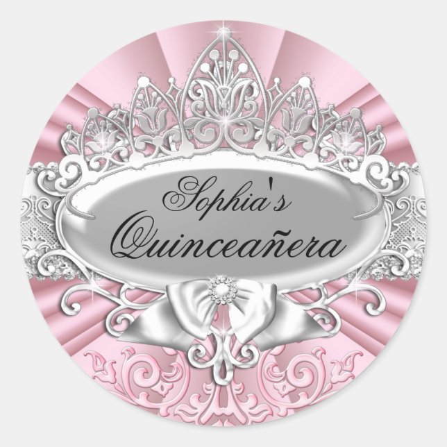 Redonda Pegatina Rosa Tiara & Damask Quinceanera (Anverso)