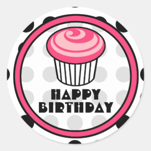 Redonda Pegatina rosado del cumpleaños de la magdalena -