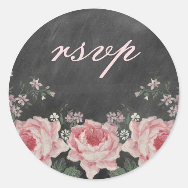 Redonda Pegatina RSVP Rosa de Chalkboard Vintage (Anverso)