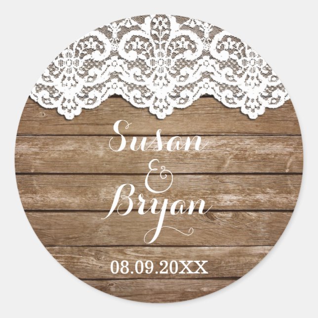 Redonda Pegatina Rústico Boda de encaje blanco y madera (Anverso)