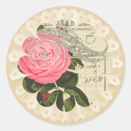 Redonda Pegatina Shabbychic Burlap y Lace