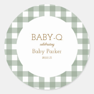 Redonda Pegatina Simple Verde de Gingham para Baby Shower