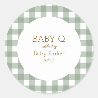 Redonda Pegatina Simple Verde de Gingham para Baby Shower