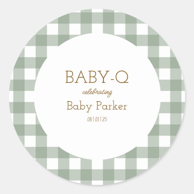 Redonda Pegatina Simple Verde de Gingham para Baby Shower (Anverso)