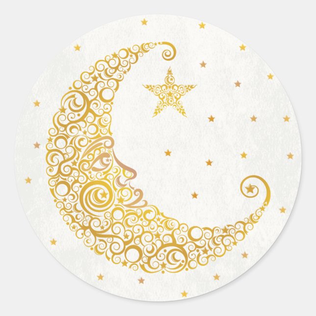 Redonda Pegatina Sobre la Luna - Dorado (Anverso)