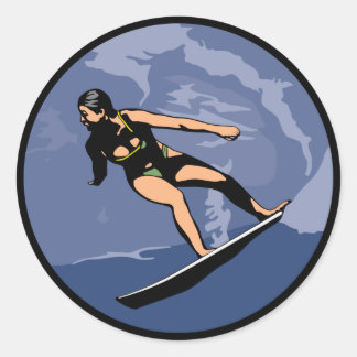 Redonda pegatina surfista femenina