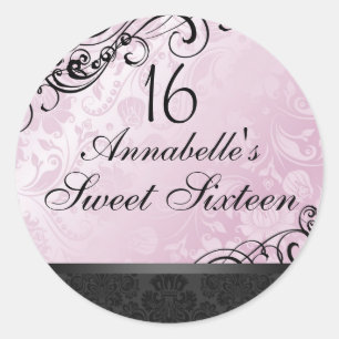 Redonda Pegatina Sweet16 de damasco floral Chic Rosa y Neg