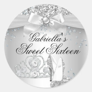 Redonda Pegatina Tiara & Tacones Sparkle Silver Sweet 16