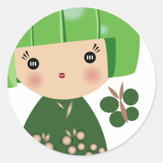 Redonda Pegatina Triplet de Kokeshi Verde