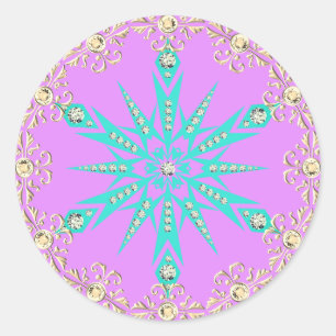 Redonda Pegatina turquesa rosa vintage con joyas de copo d