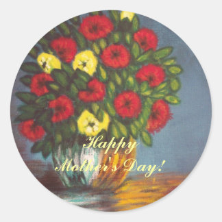 Redonda Pegatina Vase el Día de la Madre con flores amaril