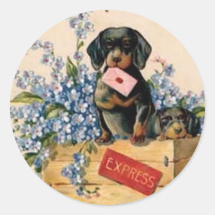 Redonda Pegatina Vintage Flower Puppy