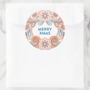 Redonda Pegatina Vintage Merry Xmas con flores naranjas
