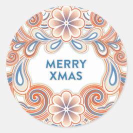 Redonda Pegatina Vintage Merry Xmas con flores naranjas
