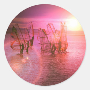 Redonda Pegatina Windsurfing de la puesta del sol
