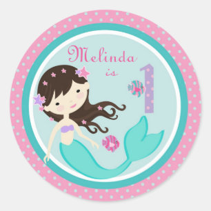 Redonda Pequeña sirena Pegatina Brunette 1B