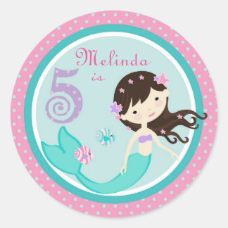 Redonda Pequeña sirena Pegatina Brunette 5
