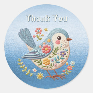 Redonda Pequeño Bird Floral Embroidery Blue Pegatina