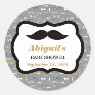Redonda Pequeño hombre Pegatina Baby Shower, oro, gris, ne