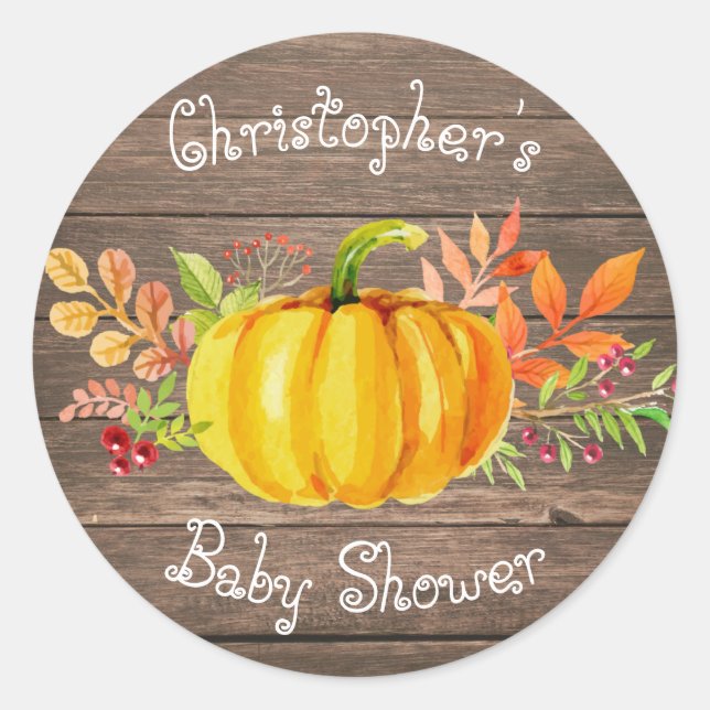 Redonda Pequeño Pegatina de calabaza Baby Shower Rustic Wo (Anverso)