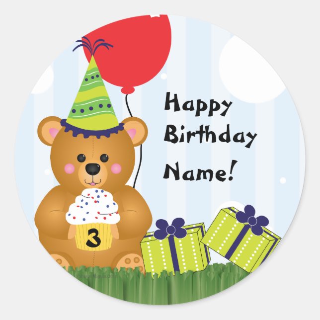 Redonda Personalizable Cute Teddy Bear Pegatina de cumplea (Anverso)