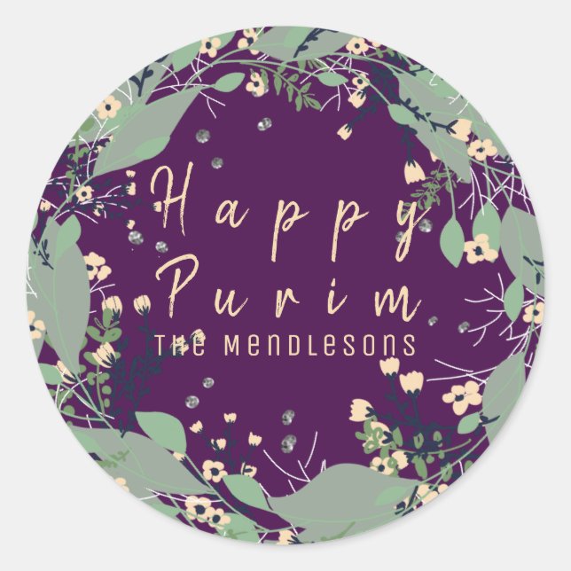 Redonda Personalizado Happy Purim leaf wreath pegatina (Anverso)