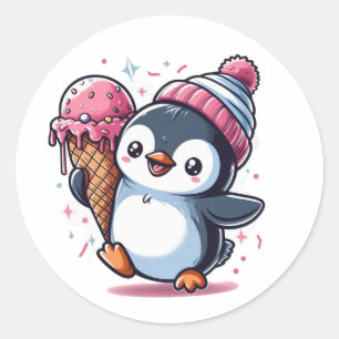 Redonda Pingüino feliz con Pegatina de helado