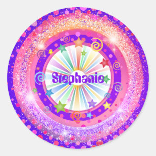 Redonda Pink and Purple Your Name Classic Round Pegatina