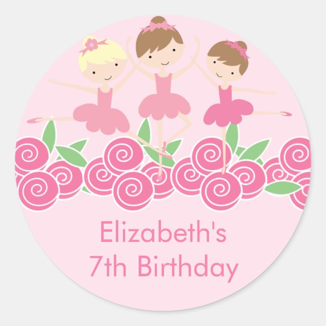 Redonda Pink Ballerina Tutu Dance Birthday Party Pegatina (Anverso)
