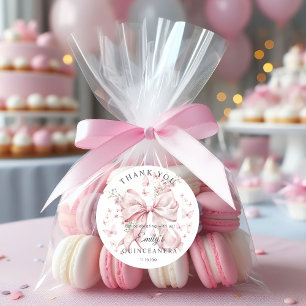 Redonda Pink Bow Pearls Quinceañera Gracias Pegatina