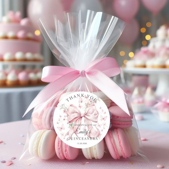 Redonda Pink Bow Pearls Quinceañera Gracias Pegatina (Elegant Pink Bow Pearls Quinceañera Thank you Stickers)