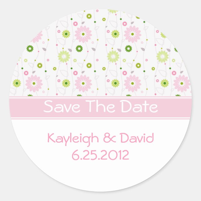 Redonda Pink Floral Save The Date Pegatina (Anverso)