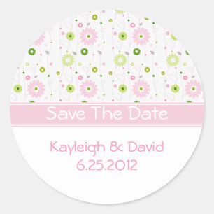 Redonda Pink Floral Save The Date Pegatina