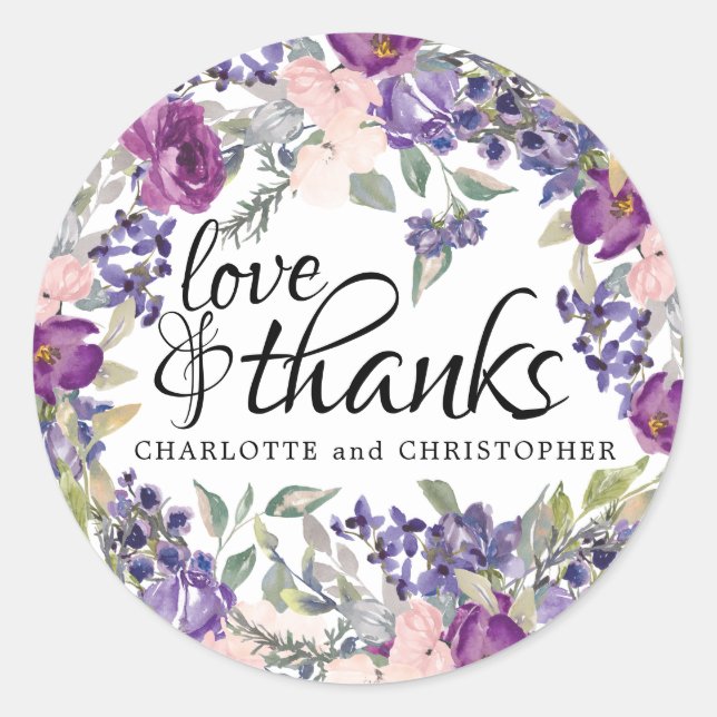 Redonda Plum Rubor Love & Gracias Pegatina Boda (Anverso)