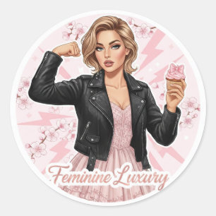 Redonda Power & Pink: Coquette de Lujo Femenino Pegatina