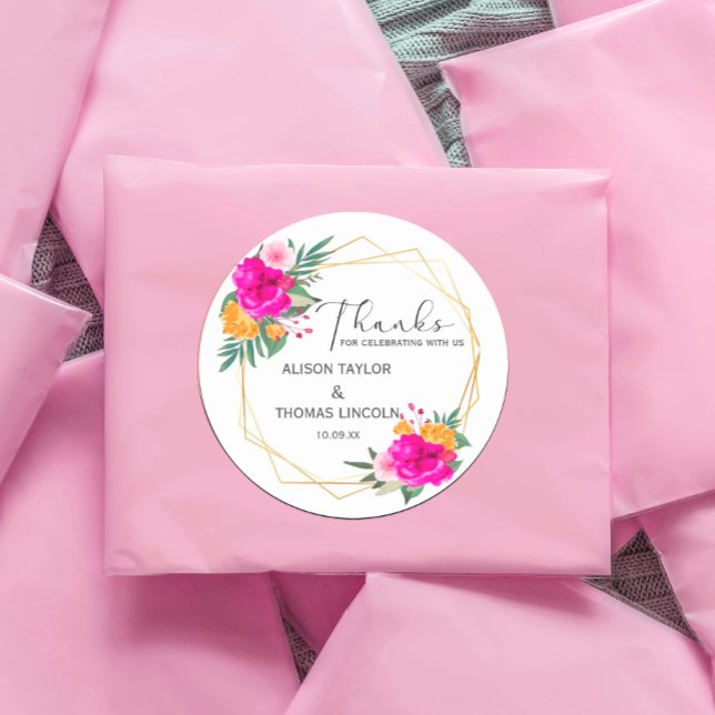 Redonda Primavera de flores silvestres gracias Pegatina re (watercolor flowers in shades of pink and white in rustic garden greenery. #wildflowers #chic #floral)