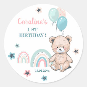 Redonda Primer Pegatina de cumpleaños con un lindo oso de 