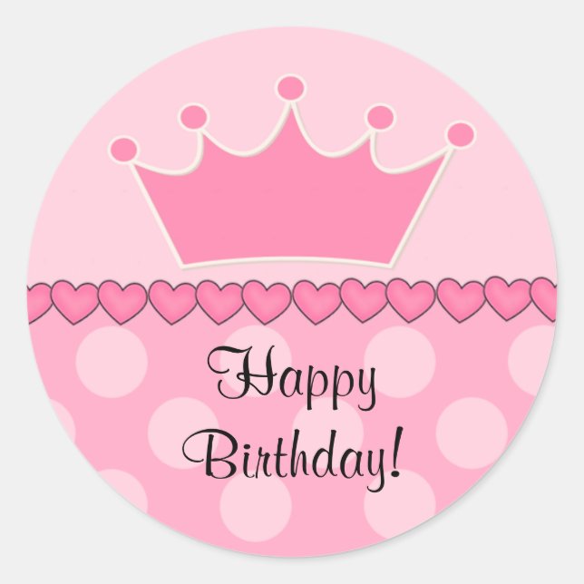 Redonda Princesa Rosa Corona feliz Pegatina de cumpleaños (Anverso)