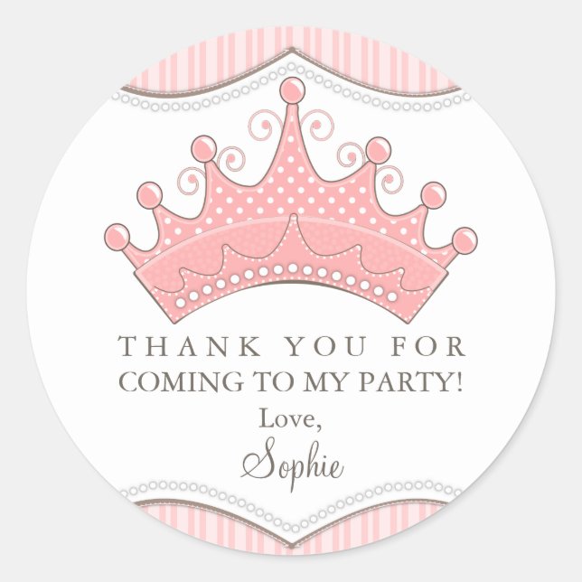 Redonda Princess Birthday Pink Crown Gracias Pegatina (Anverso)