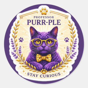 Redonda Professor Purr-Ple™ – Pegatina Mantén la Curiosida