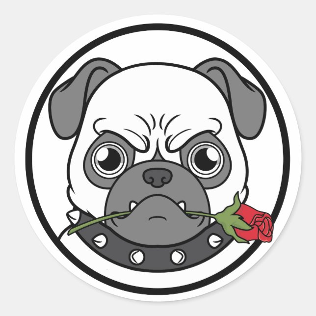 Redonda Pug romántico lindo con un Rosa de Pegatina (Anverso)